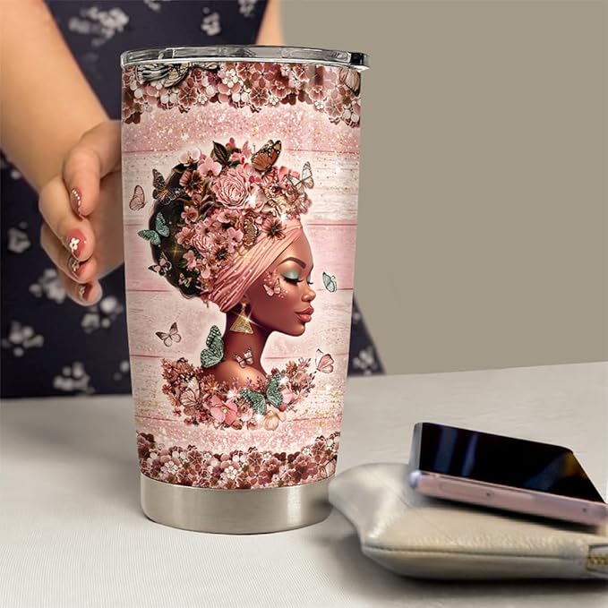 Black Woman Tumbler 20oz Stainless Steel Insulated Coffee Travel Cup Tumblers Gifts for Women Girls on Birthday Christmas