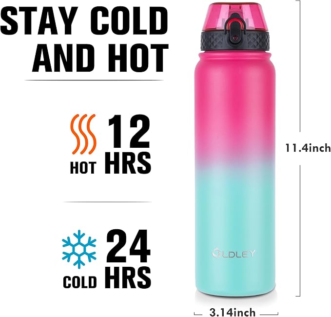 dley Insulated Water Bottle 32oz Water Bottles with Straw, Stainless Steel Water Bottle with 3 Lids, Double Wall Vacuum Bottles for Adult, Leak-proof Sports Bottles for School Travel, Rose Red-Green