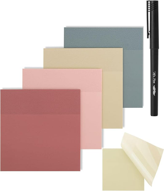 Mr. Pen- Transparent Sticky Notes, 3" x 3", 4 Pads, 200 Sheets, Vintage Colors, See Through Self-Adhesive Notes with Fineliner for Bible Journaling and Studying, Water-Resistant, Clean Removal