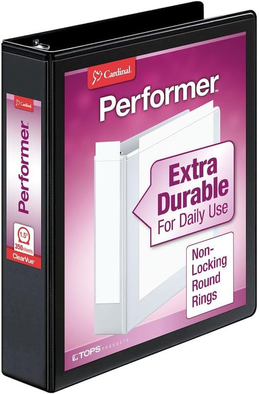 Cardinal 3 Ring Binder, Durable 1.5 Inch Performer ClearVue Binder, Round Rings, 350-Sheet Capacity, Customizable ClearVue Covers, PVC-Free, Black (67325)