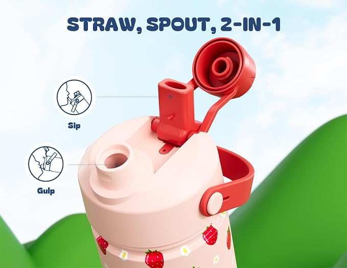 18 oz Kids Metal Water Bottle: 2-in-1 Straw Spout Lid, Spill-Proof, Easy Clean, Keep Cold 24H, Backpack Friendly, BPA-Free Stainless Steel Cup for School, Daycare, Playtime, Gift (Strawberry Daisy)