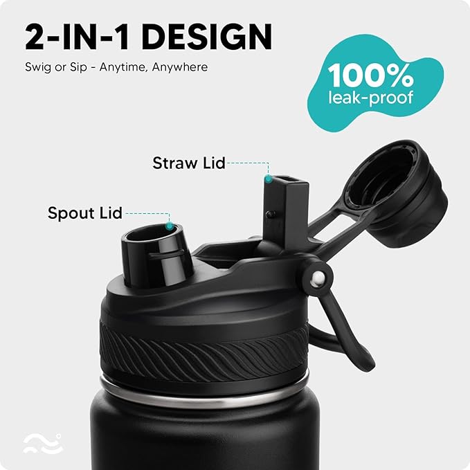 Swigina Insulated Water Bottle with Silicone Boot (36hrs Cold/18hrs Hot) - DIY Stickers, Leakproof, BPA Free, Black, 24 oz [2-IN-1 LID]