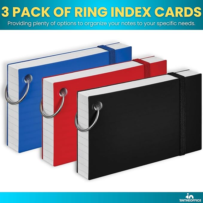 1InTheOffice Index Cards with Ring 3x5, Flash Cards with Binder Ring, Single Hole Punched Notecards, White, 100 Cards