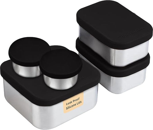 Modaniam Flexibento - Leak proof Stainless Steel Bento Box | Stainless steel Snack Containers | Food Containers with Silicone Lids | Metal Food Containers| Bentobox - Black, 52 Oz Set (set of 5)