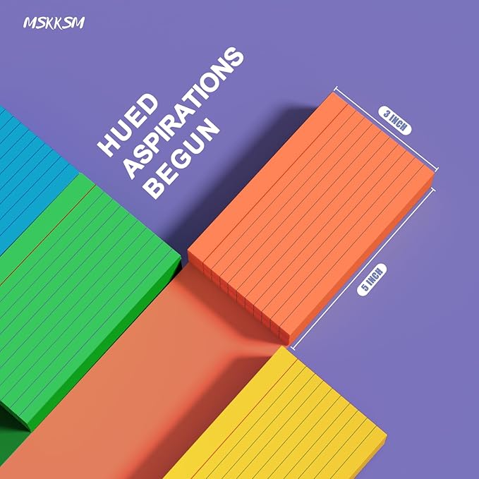 Colored Index Cards 3x5 Inch - 300 Count Flash Cards for Studing, Colored Note Cards 3x5 Cards Neon 3 by 5 Index Cards Ruled Colorful Notecards 3 x 5 Lined Neon Flashcards 6 Colors (50 Count Each)