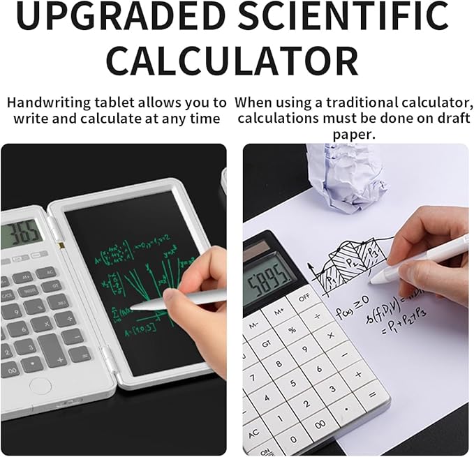 Calculator with Writing Pad,12-Digit LCD Display, Dual Power Solar + Coin Cell,1-Yr Battery Life Silicone Keys for Comfort Lightweight Portable for Students/Engineers/Professionals (Black)