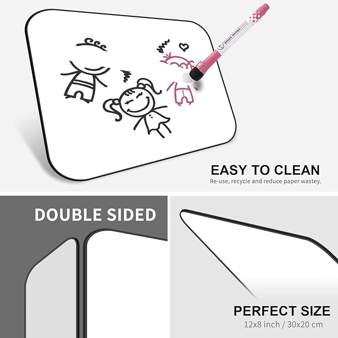 Small Dry Erase White Board for Kids & Students, 12"x 8" Handheld Double-Sided Mini Writing Board | School Home Office Use | 2 Magnetic Marker Pens Included