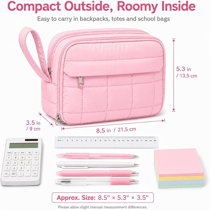 Puffer Quilted Pencil Pouch for Women, Large Capacity Organizer Bag with Multiple Compartments, Cute Aesthetic Pencil Case for Office, Travel & Daily Essentials(pink)