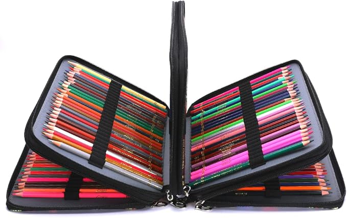 Vomgomfom 200 Slots Pencil Bag, 4-Layer Zipper Portable Art Supply Organizer, PU Leather Large Capacity Colored Pencil Case with Handle for 200 Watercolor Pens, Gel Pens (Black)