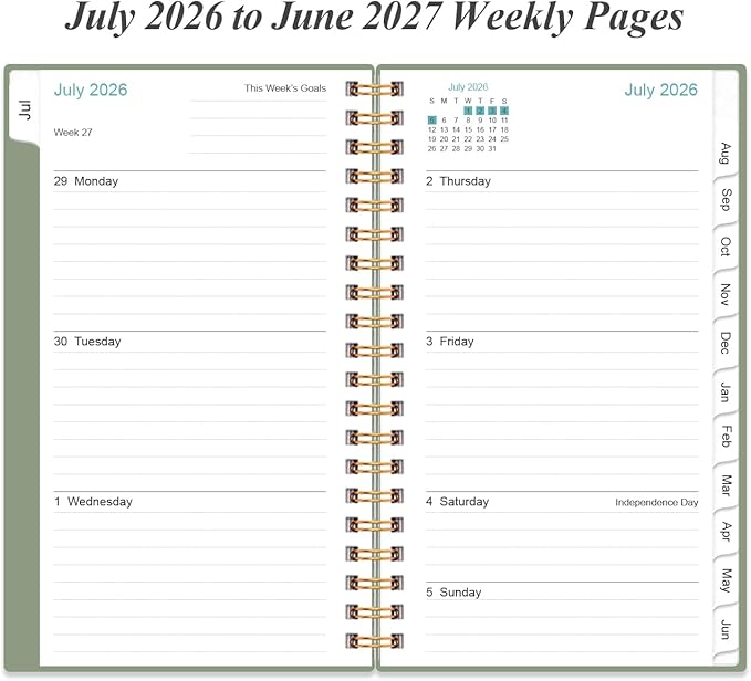 2026-2027 Pocket Planner/Calendar - 2026-2027 Planner from July 2026 - June 2027, Planner 26-27 with 12 Tabs, Twin-Wire Binding, Inner Pocket, 3.75" x 6.75, Green