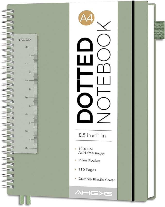 AHGXG Dotted Journal - Dot Grid Spiral Notebook 8.5" x 11", A4 Large Dotted Notebook, 100 GSM Thick Paper, Waterproof Plastic Cover Journals for Journaling, Sketching, Light Green