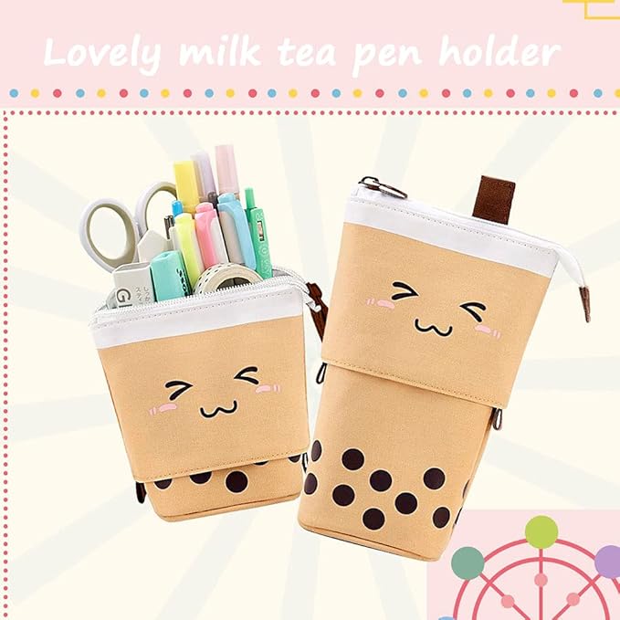 Cute Standing Pencil Case Pen Holder for Kids, Pop Up Stand UP Bubble Tea Pen Organizer Kawaii Stationary for Christmas Holiday New Year Office (Brown)