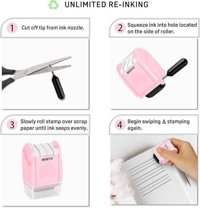 Miseyo Dashed Handwriting Lines Practice Roller Stamp,Self-Inking Line Rolling Stamps for Kids Writing - Pink