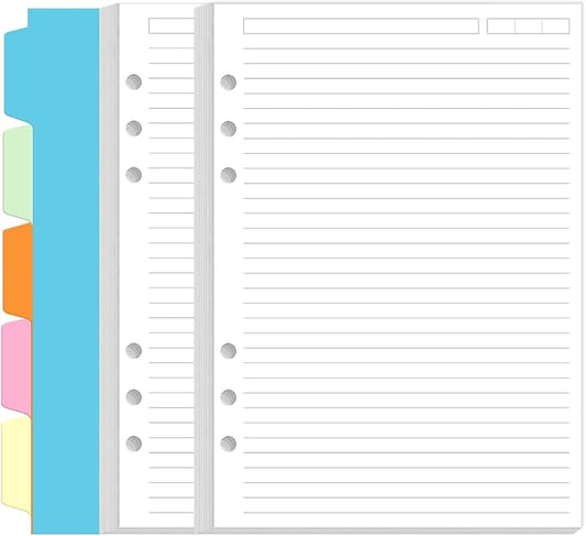 A5 Refill Paper - 6 Hole Planner Inserts for A5 Binder, 200 Pages 6 Ring Loose Leaf Lined Paper with 5 Colorful Binder Dividers, 5.8" x 8.5"