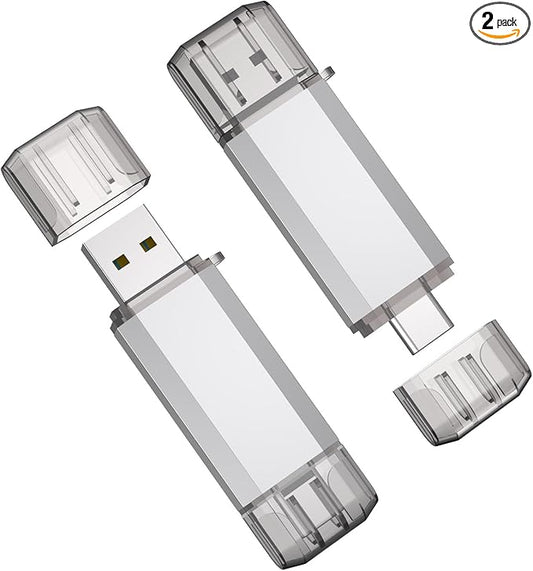 RAOYI 2 Pack 128GB USB C Flash Drive, 2 in 1 USB 3.0 Type C Dual OTG Metal Thumb Drive Jump Drive Memory Stick with Keychain Suitable for USB-C Smartphones, MacBook, Computers and Tablets (Silver)