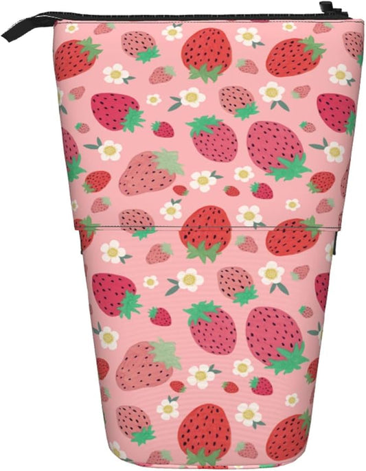 Strawberry Kids Standing Pencil Case Girls Boys Telescopic Stationary Pouch with Zipper Large Capacity Stand up Pen Bag Portable Makeup Holder for Children School Students Office Supplies
