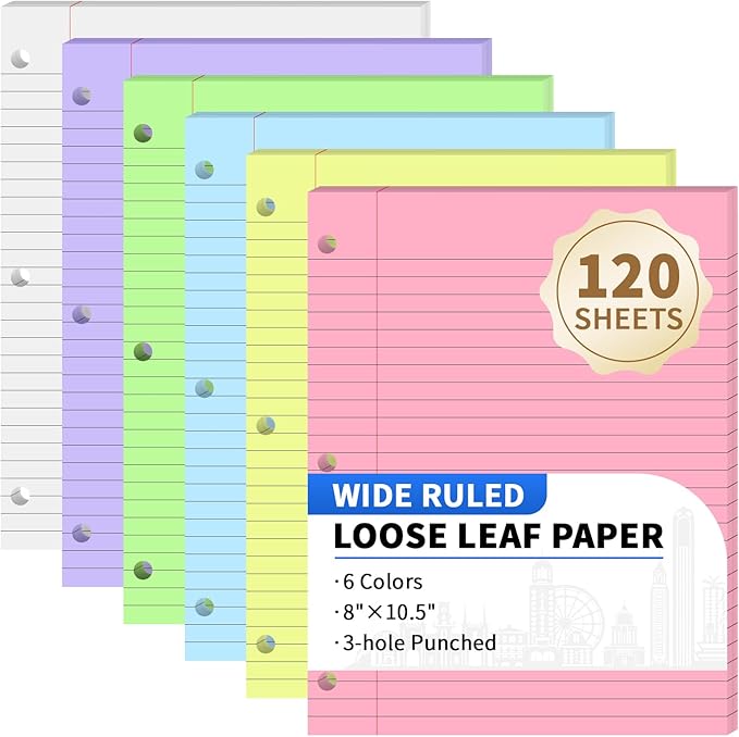 120 Sheets Loose Leaf Binder Paper, 6-Color Wide Ruled Lined Paper, 8” x 10.5”, 3-Hole Punched Notebook Paper Writing Paper for School Office
