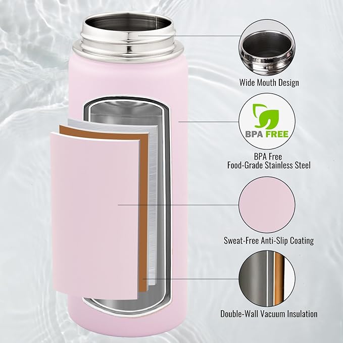 Fijinhom 18 oz Insulated Water Bottle with Handle, 304 Stainless Steel Water Bottles with Wide Mouth, Double Wall Vacuum Sports Water Bottle, BPA Free, Keep Cold and Hot, Pink