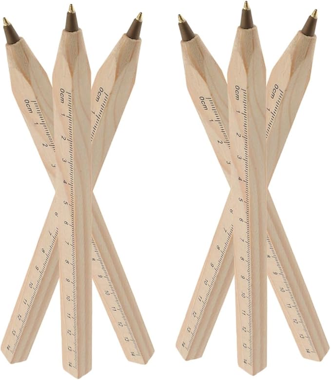 ARTIBETTER 6pcs Black Ballpoint Ink Wood Pens with Ruler Printing, Natural Biodegradable Solid Wood Carpenter Pens for Industrial Drawing and Office Use