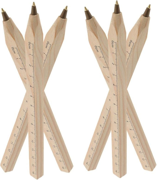 ARTIBETTER 6pcs Black Ballpoint Ink Wood Pens with Ruler Printing, Natural Biodegradable Solid Wood Carpenter Pens for Industrial Drawing and Office Use