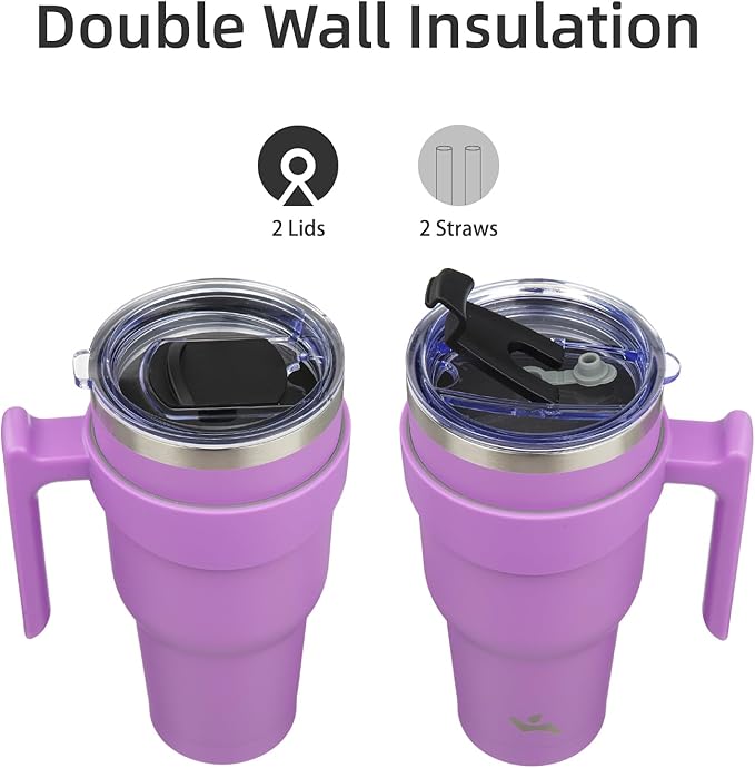 Konokyo 40 oz Tumbler with Handle and 2 Straw 2 Lid, Insulated Water Bottle Stainless Steel Vacuum Cup Reusable Travel Mug,Lavender