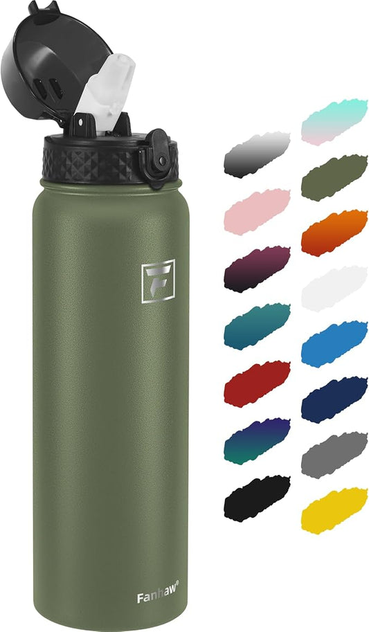 Fanhaw 32 Oz Kids Insulated Stainless Steel Water Bottle with Straw Lid, Leakproof & Anti-Dust Everyday Use Bottle for School, Women & Men, Back to School Essentials (Olive Green)