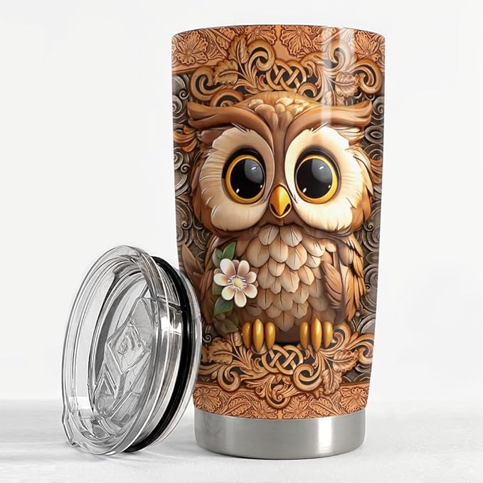 SANDJEST Owl Tumbler 20oz Owls Gifts for Women Girl Owl Wood Drawing Stainless Steel Insulated Tumblers Coffee Travel Mug Cup Gift for Birthday Christmas