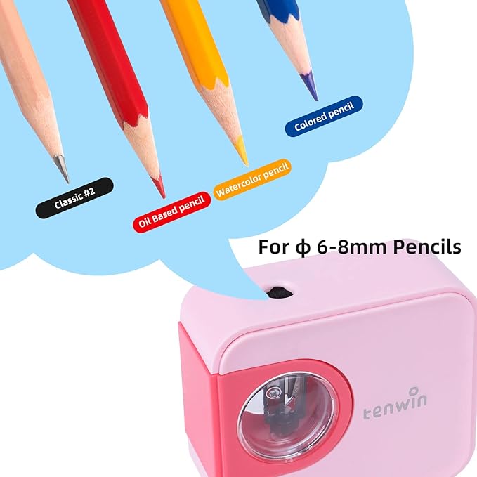 tenwin Portable Electric Pencil Sharpener, Pencil Sharpeners Battery Operated, Tungsten Steel Blade to Fast Sharpen, Kids Pocket Sharpener, Fit to 6-8mm No.2/Colored Pencils, School/Office/Home (Pink)