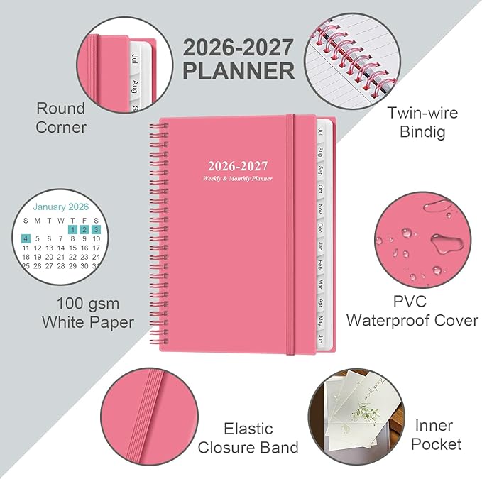 Planner 2026-2027 - A5 Weekly & Monthly Planner Spiral Bound, July 2026 - June 2027, with Flexible Cover, Tabs, Inner Pocket, 6.4" x 8.5", Pink