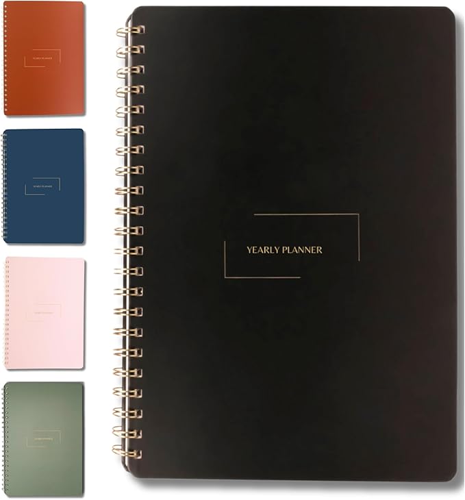| Undated Yearly, Daily, Weekly, Monthly Planner | 8.25" x 11.75" | To Do List Notebook for Work | Simple Design | Multiple Layouts | Academic Planner and Organizer Notebook (Black, Yearly Planner - Portrait)