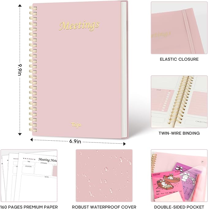 6 Pack of Meeting Notebook for Work Organization - Work Planner Notebook with Action Items, Agenda Planner for Note Taking, 160 Pages (6.9" X 9.9") Project Organizer for Men & Women - Pink