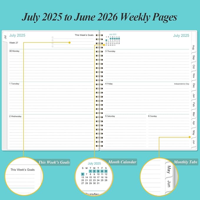 2026-2027 Planner - Planner 2026-2027 from July 2026 - June 2027 with 12 Monthly Tabs, Flexible Cover, Inner Pocket, 8.5" x 11", Teal Flowers
