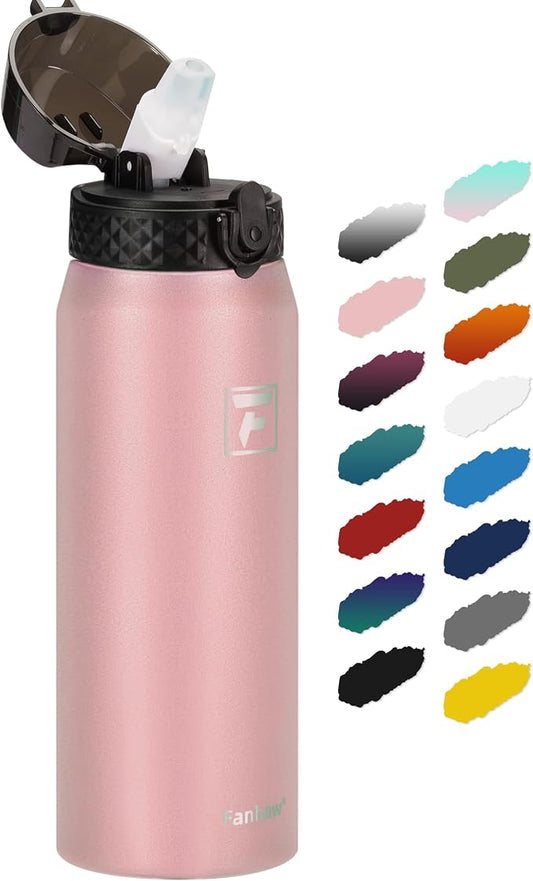 Fanhaw 24 Oz Kids Insulated Stainless Steel Water Bottle with Straw Lid, Leakproof & Anti-Dust Everyday Use Bottle for School, Women & Men, Back to School Essentials (Pink)