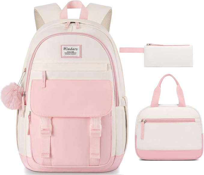 WINDARS School Backpack with Lunch Box for Teen Girls, Cute College Backpacks for Women Students Aesthetic Bookbag Large 15.6 Inch Laptop Bag Middle School Travel Back Pack (Pink Beige-3 Pcs)