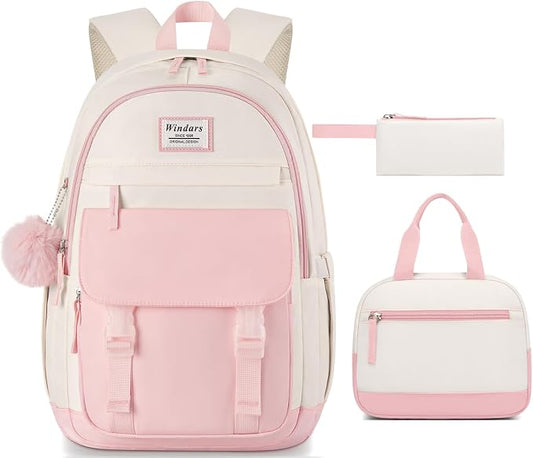 WINDARS School Backpack with Lunch Box for Teen Girls, Cute College Backpacks for Women Students Aesthetic Bookbag Large 15.6 Inch Laptop Bag Middle School Travel Back Pack (Pink Beige-3 Pcs)