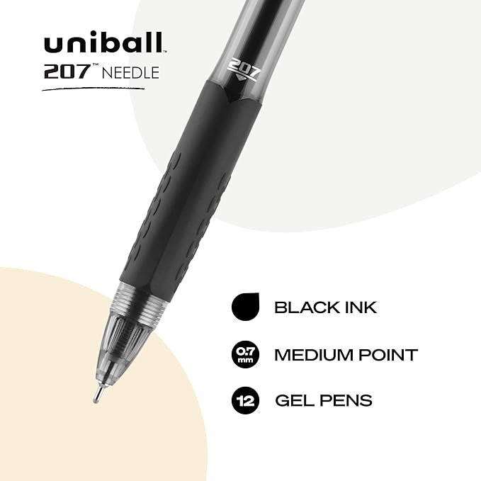 uniball 207 Needle Retractable Gel Pens, Medium Point (0.7mm), Black, 12 Pack