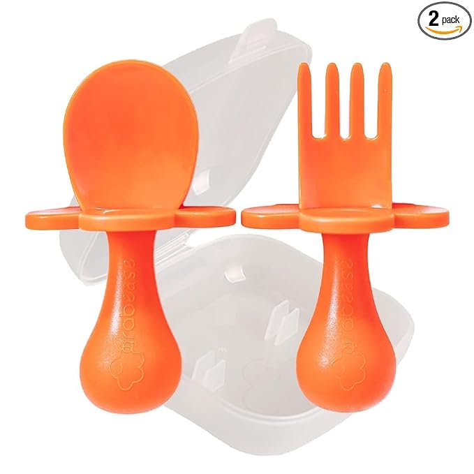 Grabease Baby Feeding Utensils Set - Infant and Baby Fork and Spoon for Ages 1-11 Months, BPAs and Phthalate-Free Cutlery, Plastic, 1 Set, Orange