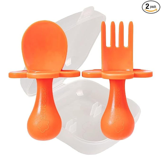 Grabease Baby Feeding Utensils Set - Infant and Baby Fork and Spoon for Ages 1-11 Months, BPAs and Phthalate-Free Cutlery, Plastic, 1 Set, Orange