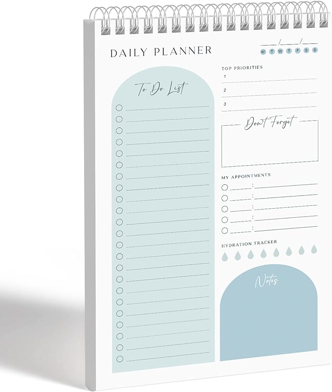 Daily Planner To Do List Notepad 60 Undated Pages,Pastel Blue,Twin-ring Spiral Bindling 6x9 Inch Desktop Daily Planning Notepad with Protective Cover, Water Intake, Habit Tracker