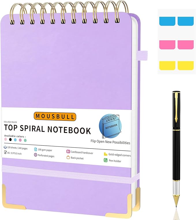 Top Spiral Notebook, A5 Hardcover Top Bound Steno Pads, 240 Pages 100gsm College Ruled Left Handed Notebook Journal for Work, School, Meeting Writing - Purple, 5.9" x 8.5"
