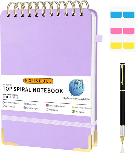 Top Spiral Notebook, A5 Hardcover Top Bound Steno Pads, 240 Pages 100gsm College Ruled Left Handed Notebook Journal for Work, School, Meeting Writing - Purple, 5.9" x 8.5"