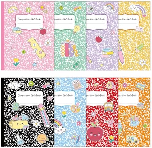 8 Pack Colorful Marble Composition Notebooks College Ruled 9-3/4 x 7-1/2''