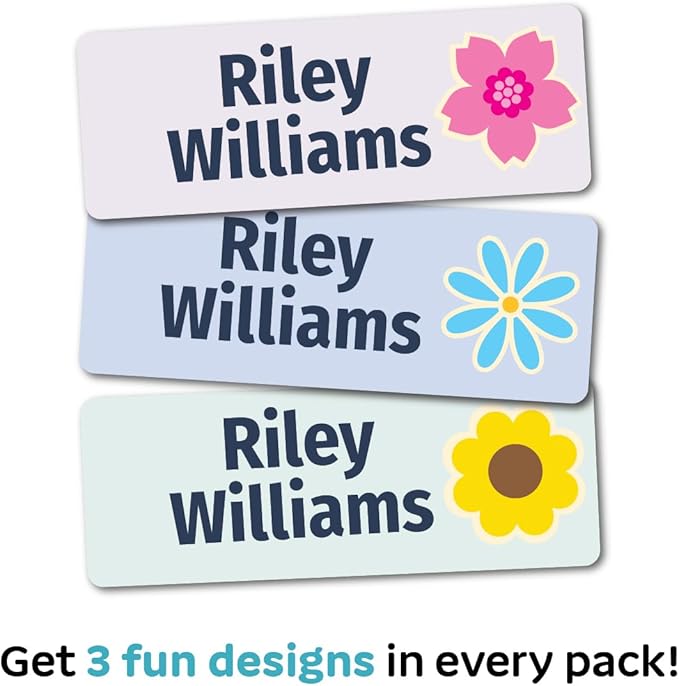 Kids Personalized Name Labels for School, Camp, Daycare (128 Labels) Custom Peel and Stick Waterproof Name Tags Stickers for Water Bottles, Lunch Boxes, Clothing, School Supplies (Flowers)