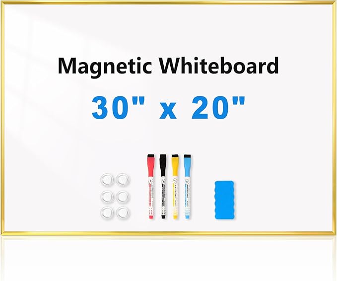 Dry Erase White Board, 30" x 20" Magnetic Whiteboard with Gold Aluminum Frame, Hanging Writing Board for Home, Office, School