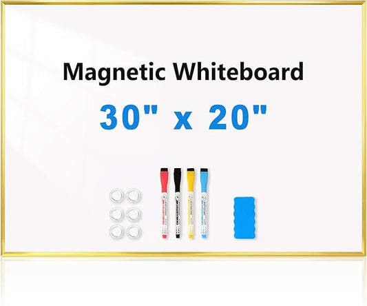Dry Erase White Board, 30" x 20" Magnetic Whiteboard with Gold Aluminum Frame, Hanging Writing Board for Home, Office, School