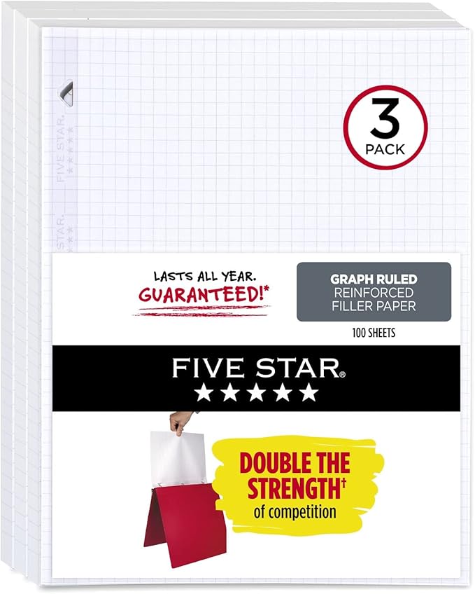 Five Star Loose Leaf Paper, Notebook Paper, Graph Paper, Reinforced Filler Paper, Fights Ink Bleed, 8.5 x 11, 100 Sheets/pack (3 count)