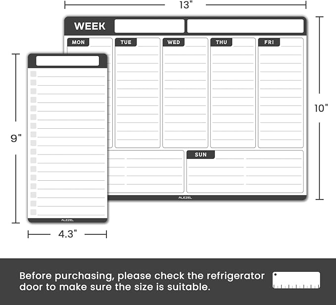 ALEZEL Weekly Dry Erase Board for Refrigerator, Magnetic Weekly Calendar Planner for Fridge, Set of Magnetic Weekly Calendar & 2 List Whiteboards, 4 Markers + Eraser