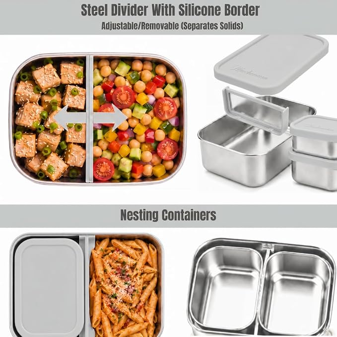 Flexibento 40 OZ Leak Proof Stainless Steel Lunch Box ,Grey Set of 3