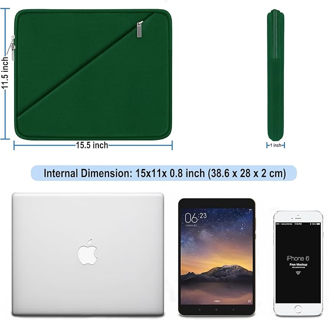 Laptop Case 15.6 inch, Traveling Carrying Computer Bag with Zippered Pocket, Shockproof Protective Laptop Sleeve Compatible for Apple Notebook, HP, Dell, Acer, Asus, Lenovo, Deep Green