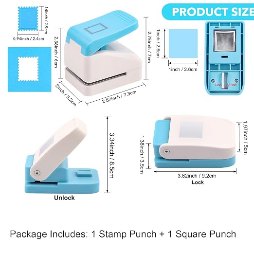 2 Pcs Paper Punch | 1 inch Square Punch | 1.1X0.9 inch Embossing Postage Stamp Shape Puncher | Square Stamp Hole Puncher | Portable Lever Craft Hole Punches for Crafting DIY Scrapbooking Projects